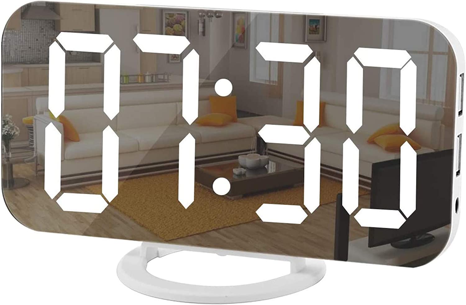 Digital Clock with Large Display, LED Electric Alarm Clocks for Home/Bedroom Decor-WhiteHome DecorLED Electric Alarm Mirror Surface for Makeup with dimming mode 3 Levels Brightness Dual USB Ports DIGITAL ALARM CLOCK MIRROR SURFACE: SZELAM alarm clock is a